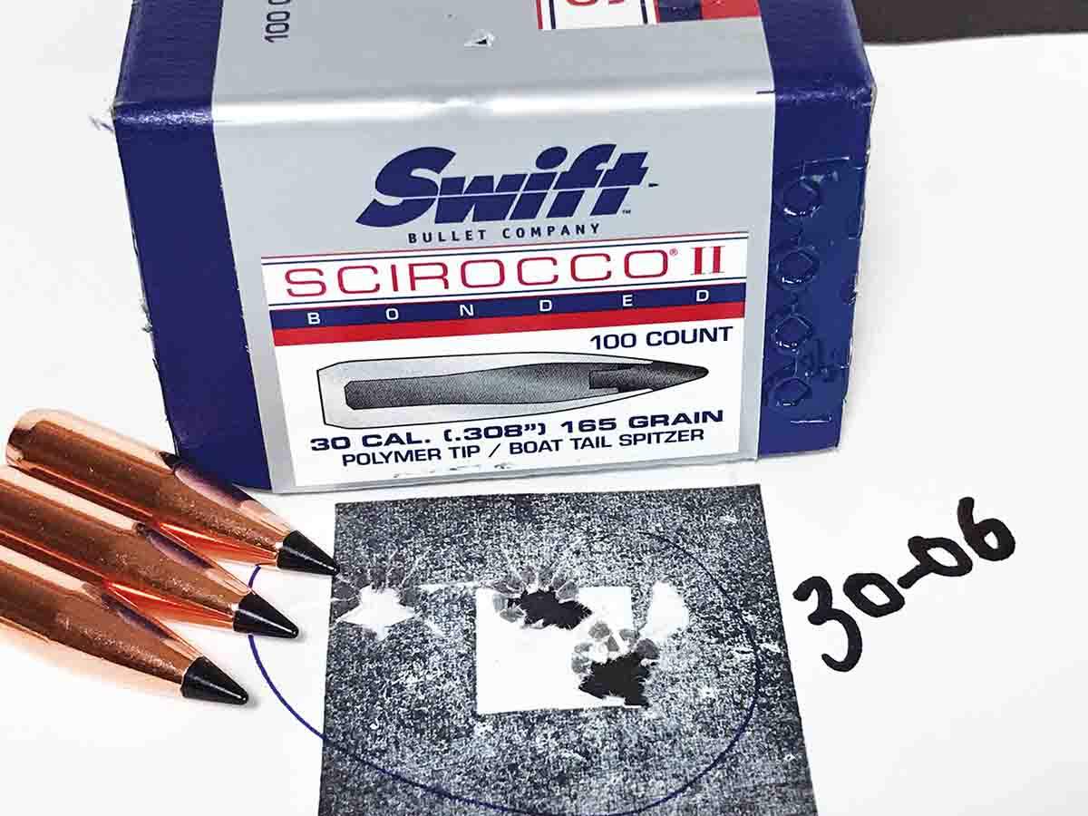 Swift 165-grain Sciroccos paired with IMR-4831 provided this group at 100 yards shot from a Ruger American .30-06 rifle.